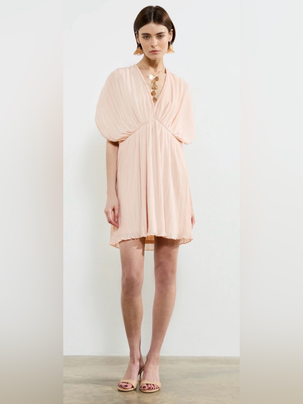French Connection Pleated V-Neck Midi Dress Blush Pink Chathia Plisse Empire L